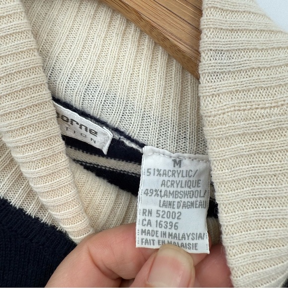 Liz Claiborne Women`s Navy & Ivory Striped Lambswool Mock Neck Sweater Tunic M - Picture 4 of 7